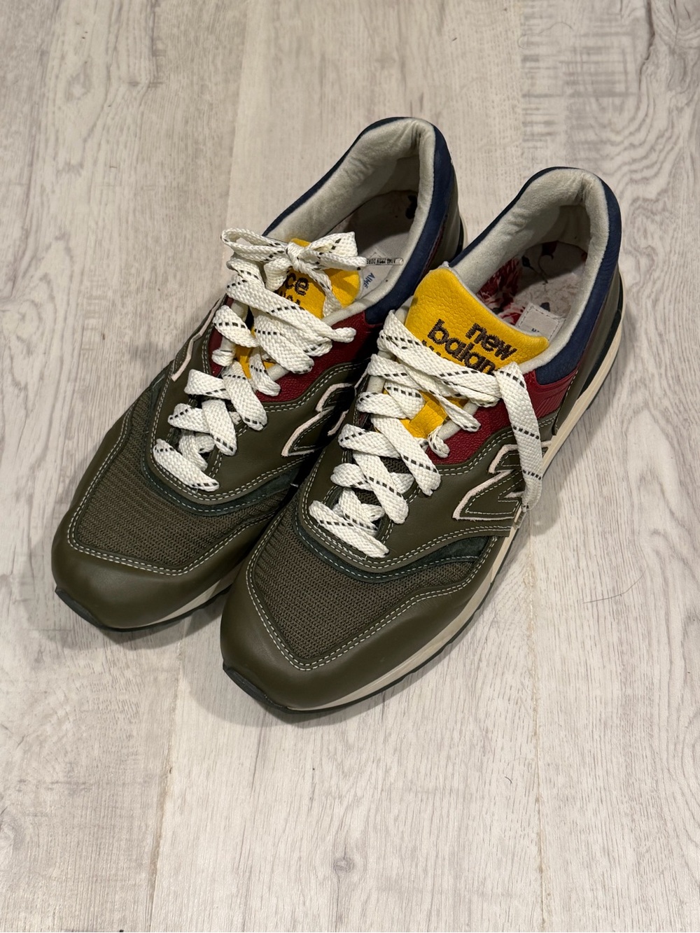 New Balance x Aime Leon Dore 997 Olive Green Red Navy Yellow Accent Sneakers